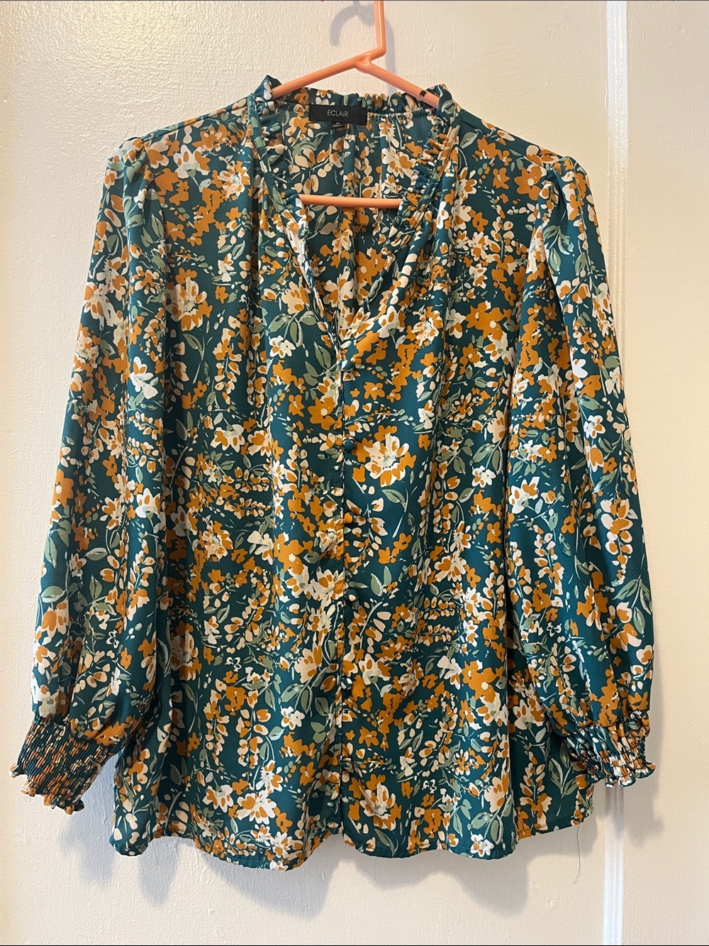 Eclair Green Floral V-Neck Long Sleeve Blouse with Smocked Cuffs